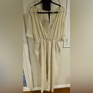 Anthropologie Feather Bone Cream Surplice V-Neck Jumpsuit